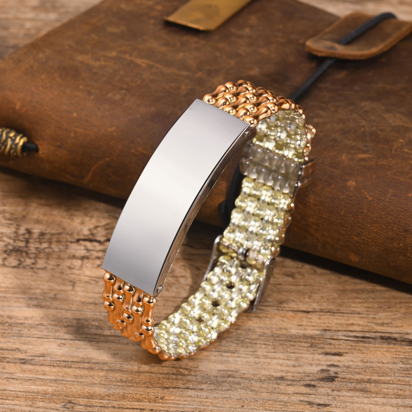 Jewelry Stainless Steel Curved Brand Black PVC Strap Bracelet Universal for Men and Women