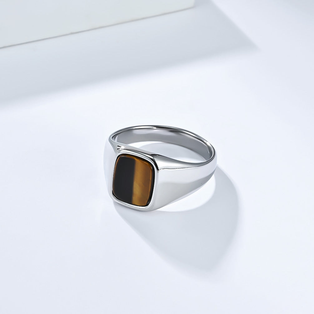 Planderful Tiger's Eye Ring Titanium Steel Inlaid Unisex Modern Gem Ring For Men And Women