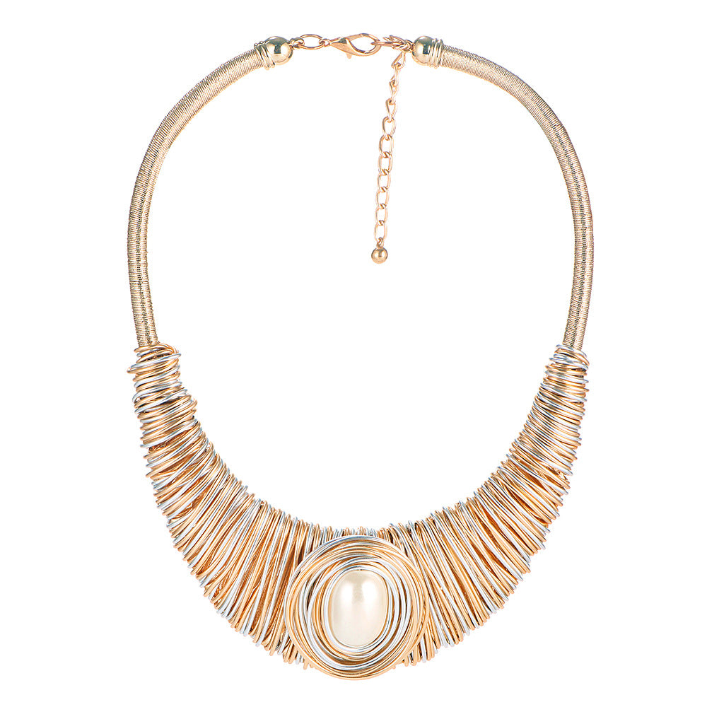 Handcrafted Aluminum Bar Weave Necklace with Pearl Glass Pendant and Collar Style