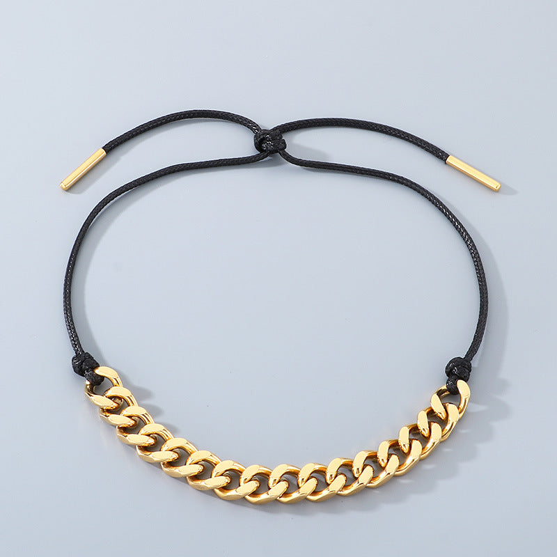 Vintage Necklace, Western Denim Black Wax Rope Splicing Cuban Chain, Long Adjustable Stainless