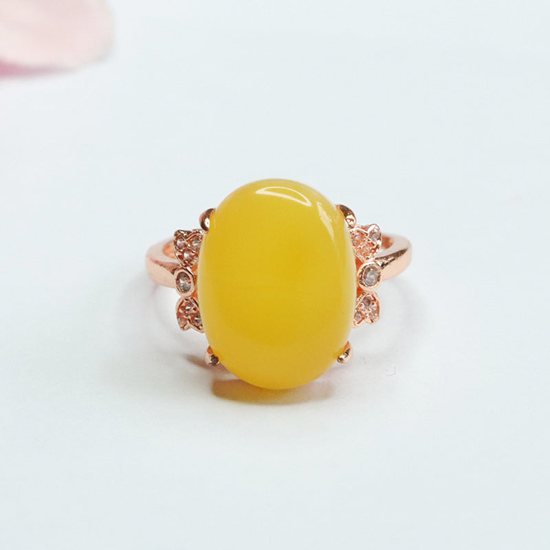 Amber Zircon Bow Ring with Natural Beeswax Yellow Tones