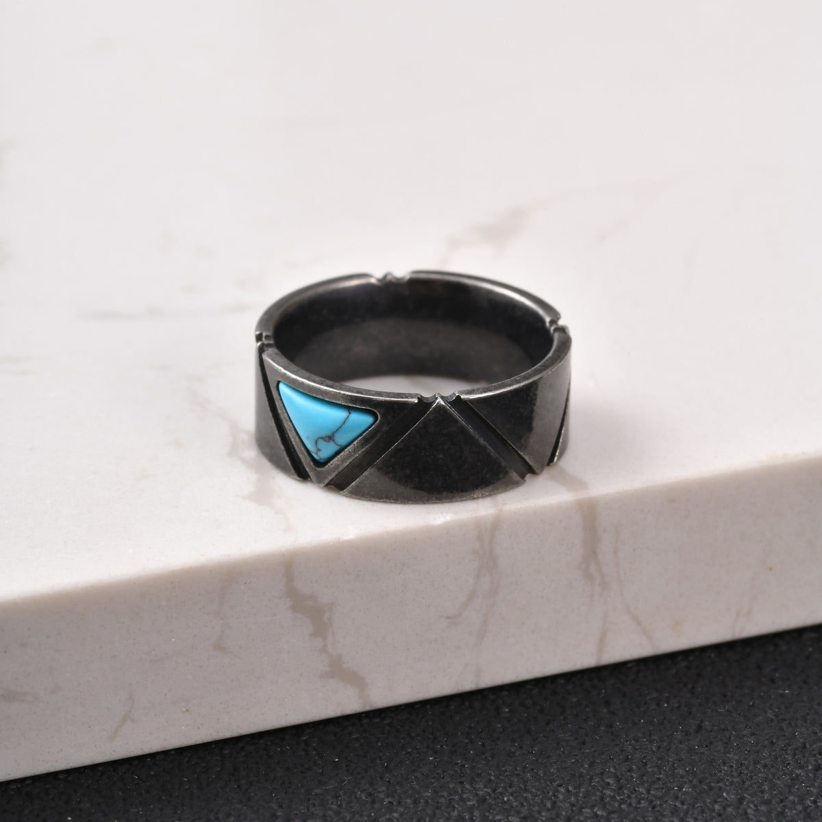 Stainless Steel Triangular Turquoise Ring Cool Man Gray