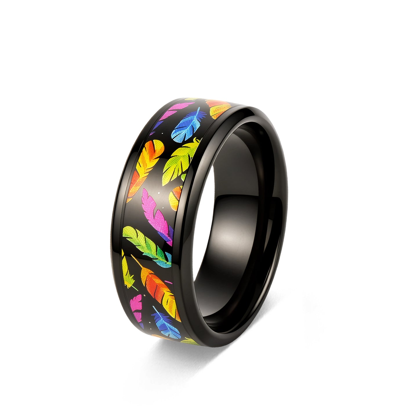 Rainbow Feather Patch Stainless Steel Ring By Planderful Everyday Genie Unisex Statement Jewelry For Bold Fashion Lovers