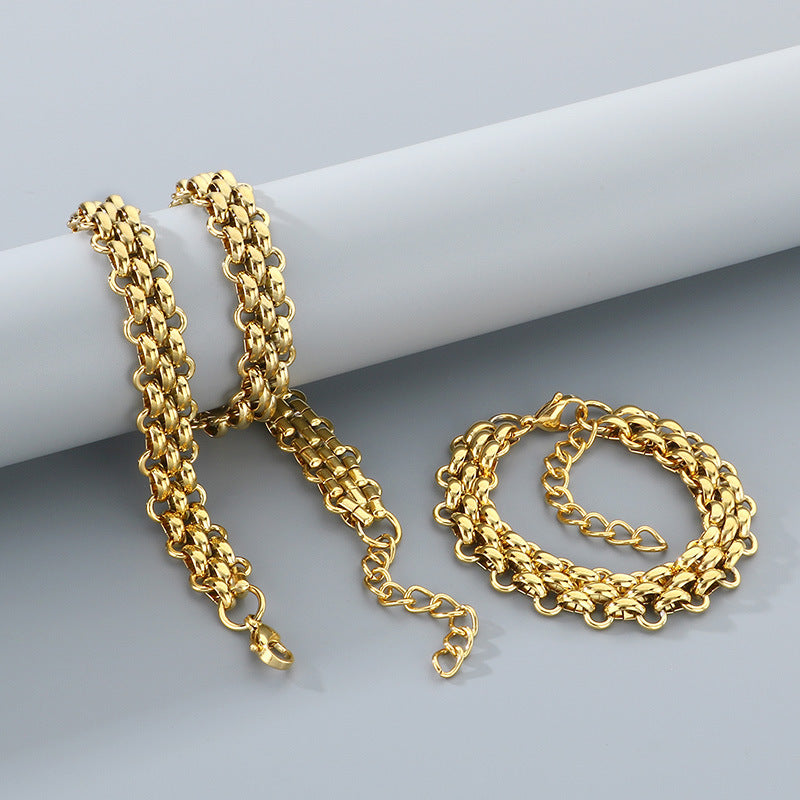 Mens Titanium Steel Triple Row Chain Necklace Bracelet