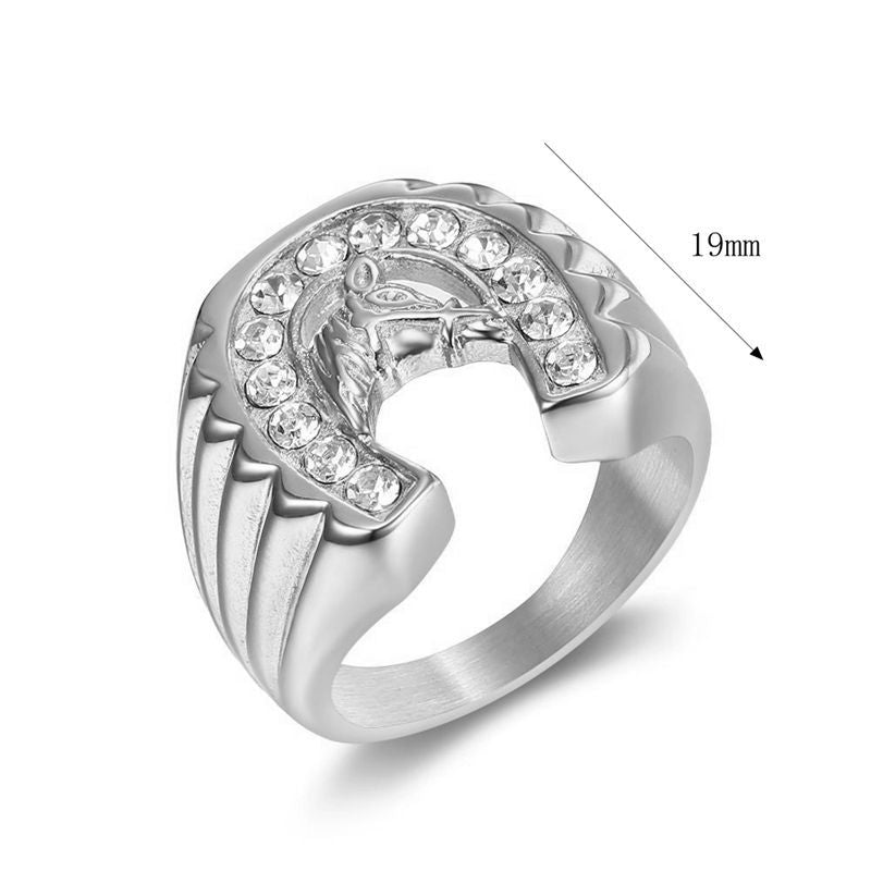 Planderful Everyday Genie Hip Hop Ring For Men Titanium Steel Gold Plated Zircon Horse Head Bold Trendy