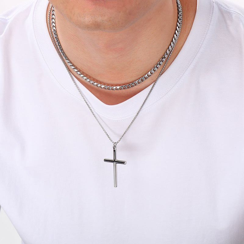 Glossy Cross Pendant Necklace, Six-Sided Grinding Square Pearl Chain Double-Layer Stacked Men's Necklace.