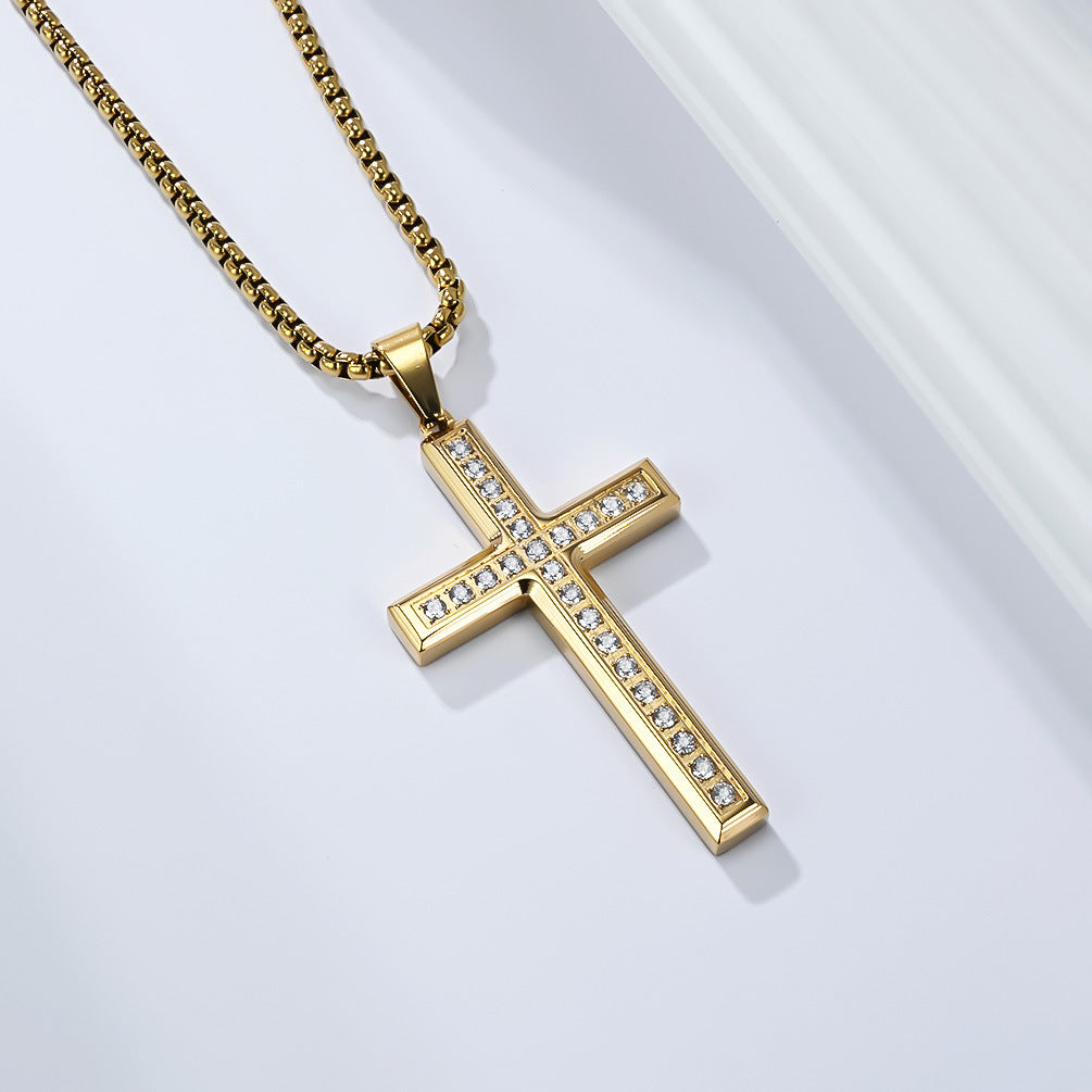 Planderful Unisex Stainless Steel Zircon Inlay Cross Necklace Sleek Everyday Genie Pendant