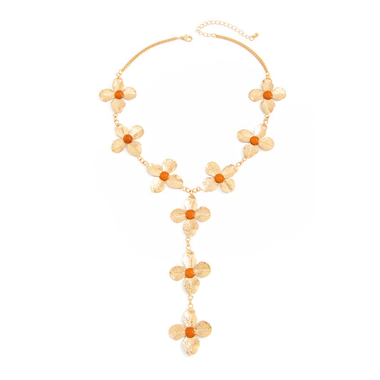 Four-Leaf Flower Y-Shaped Fringe Necklace