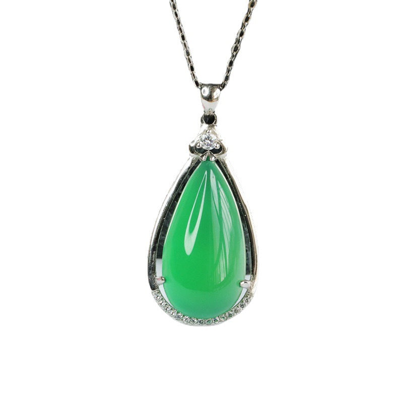 Green Chalcedony Teardrop Silver Pendant — No Chain