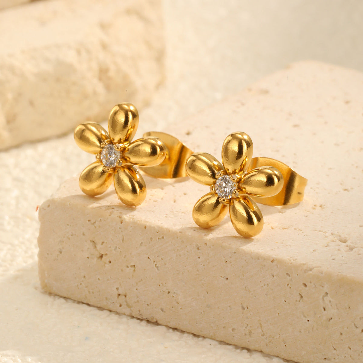 Gold-Tone Crystal Flower Stud Earrings
