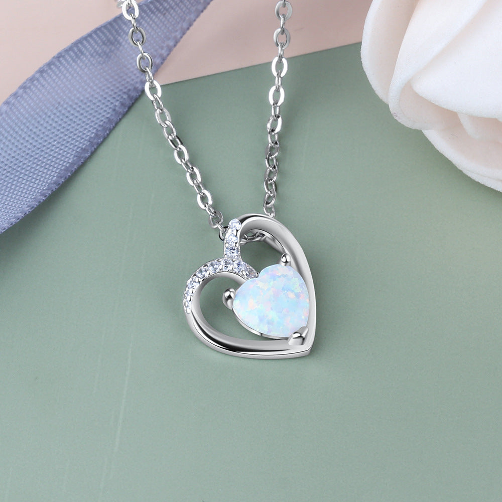 Planderful Jewelry Opal Heart Necklace in Sterling Silver Pendant for Everyday Elegance