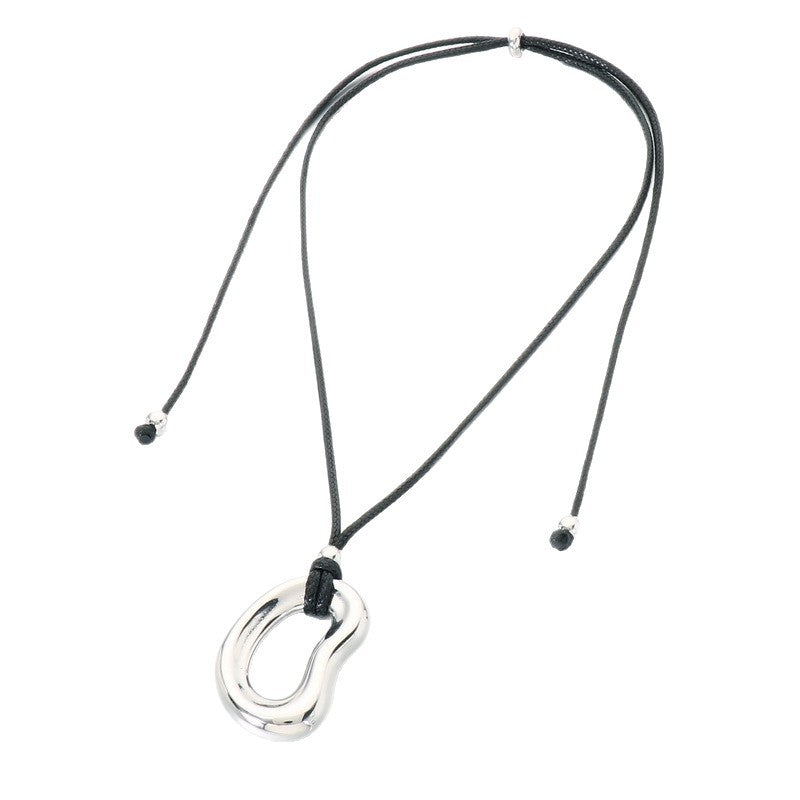 Minimalist Trend Versatile Irregular O-Shaped Pendant Adjustable Black Wax Rope Stainless Steel Men's Necklace