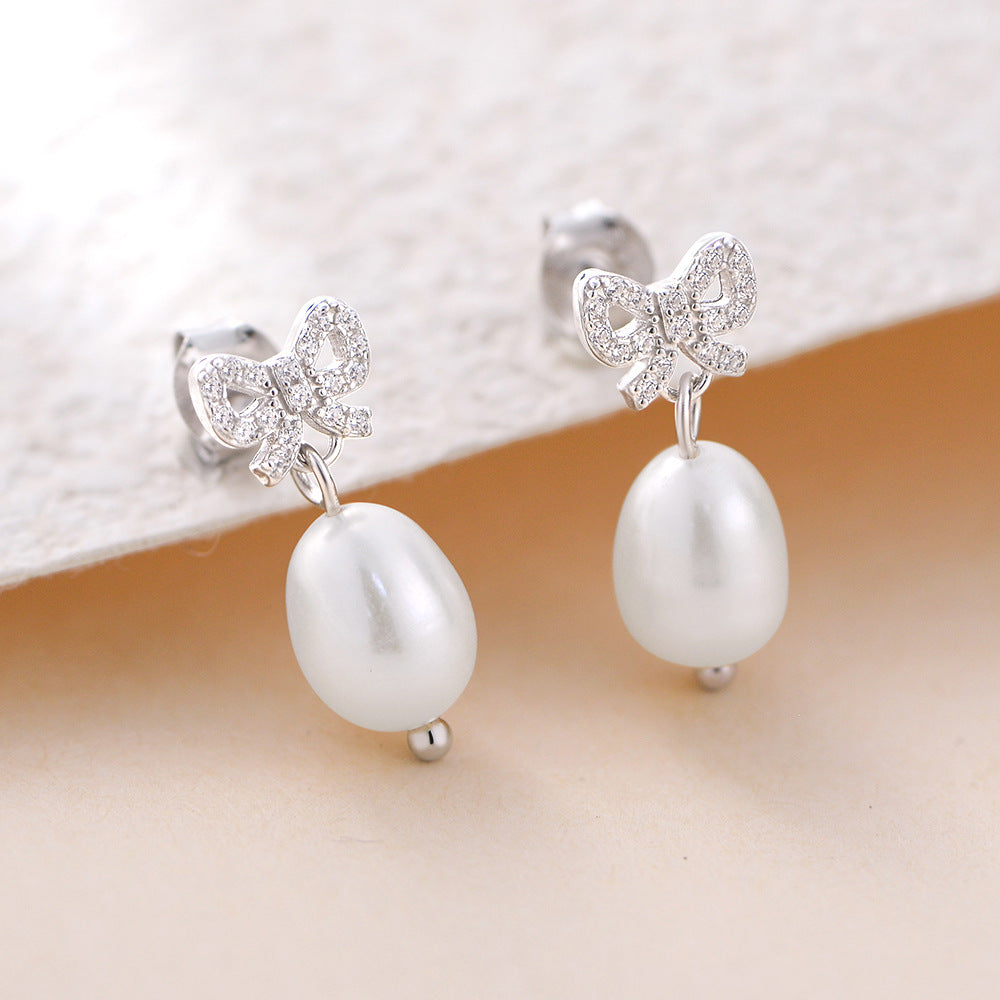 Planderful Sterling Silver Pearl Earrings With Natural Pearl And Zircon Bow Pendant For Women Elegant