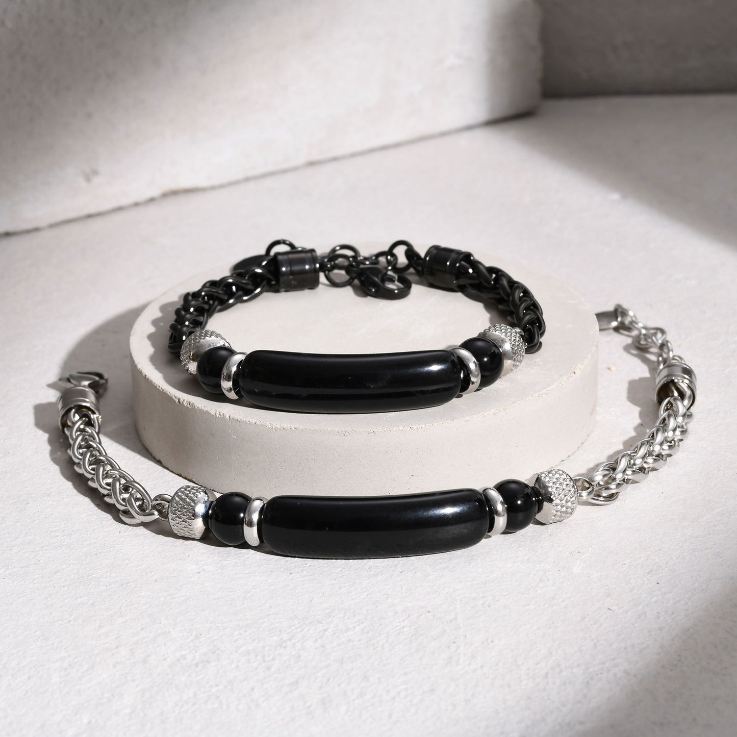 Stainless Steel Flower Basket Chain Black Agate Tiger's Eye Beaded Bracelet for Men