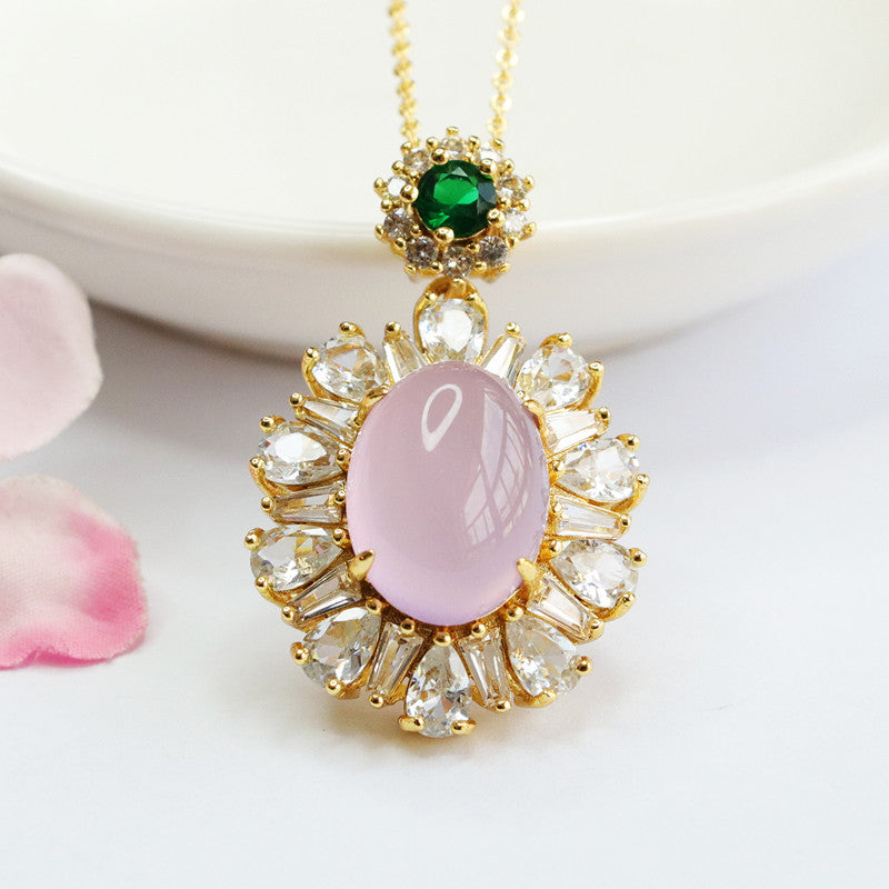 Purple Chalcedony Sterling Silver Necklace with Zircon Flower Embellishment