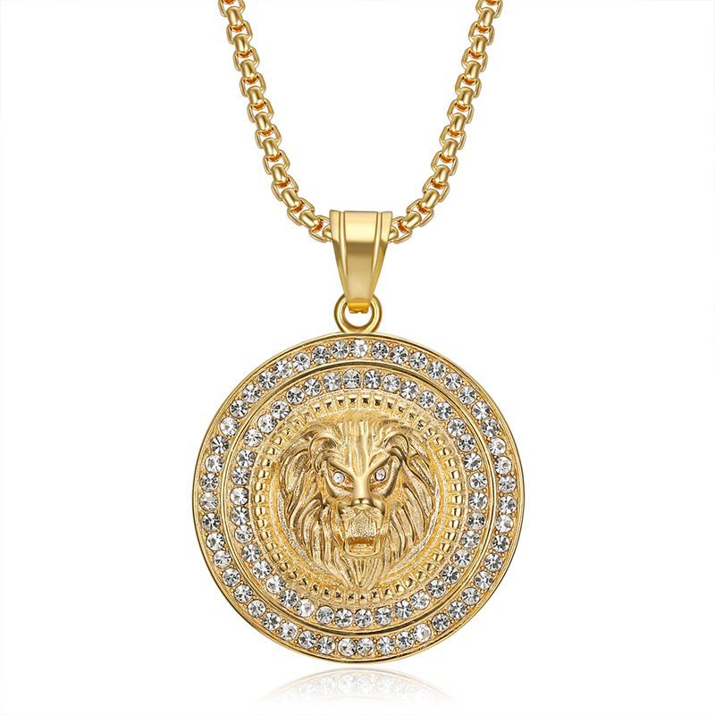 Rhinestone Necklace - Luxury Lion Head Pendant, Gold-Plated Stainless Steel, Planderful Hip Hop Jewelry