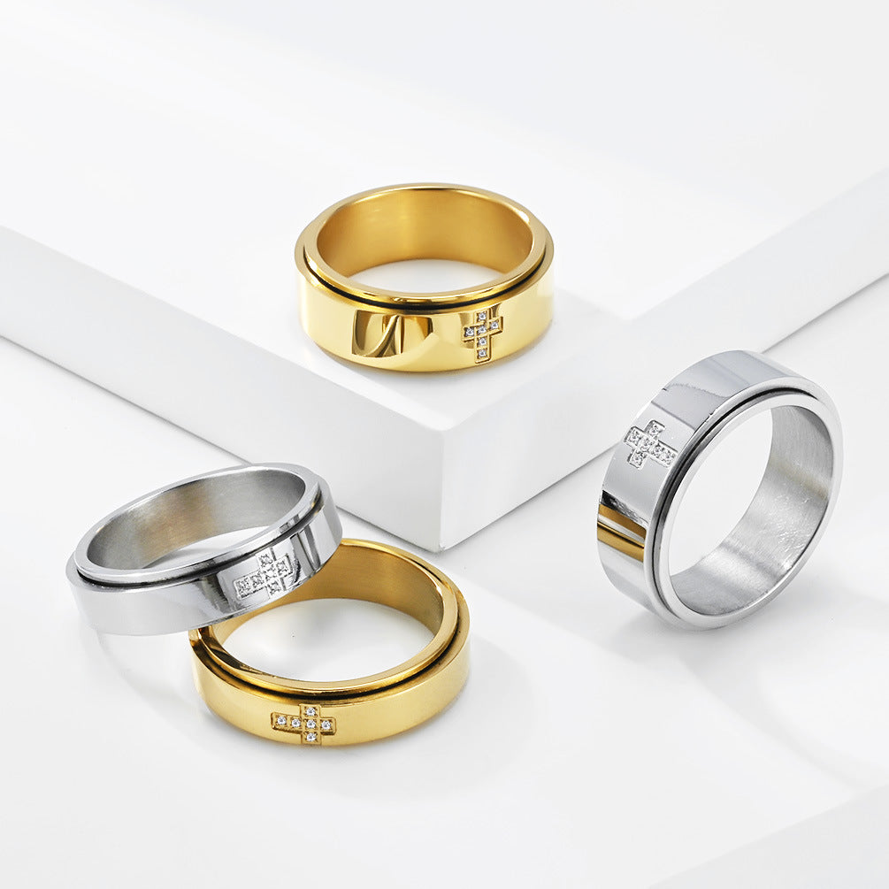 Stainless Steel Zircon Rotating Cross Ring – Unisex Wedding Proposal Couple