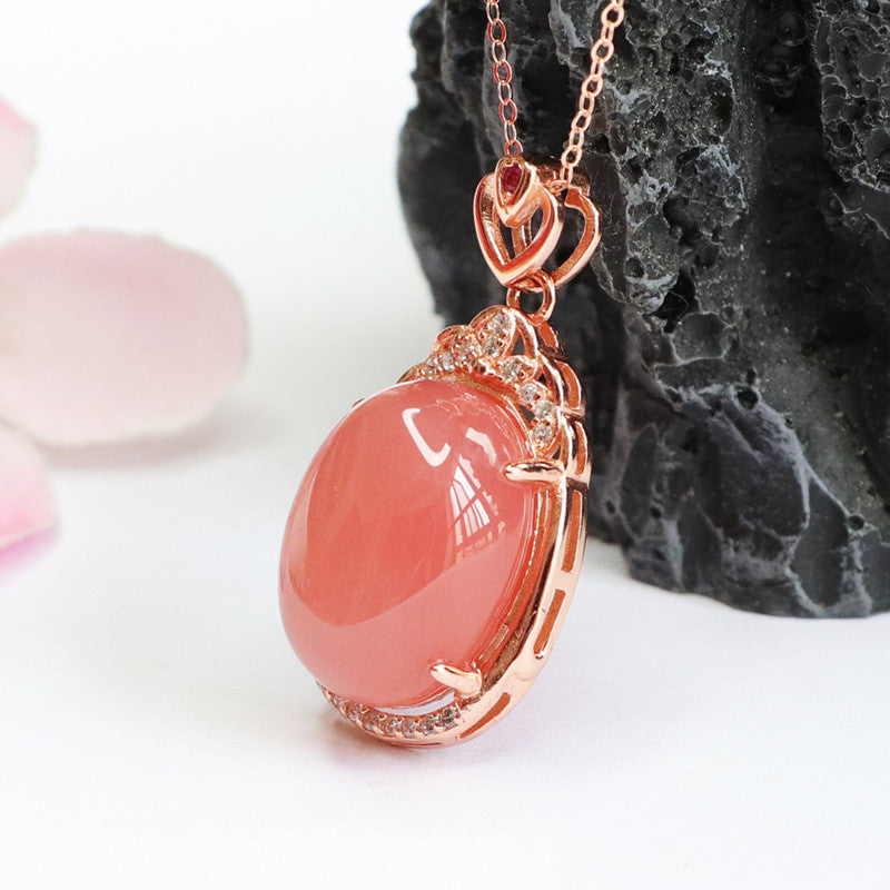 Sterling Silver Zircon Love Rose Gold Necklace with Natural Oval Agate Pendant