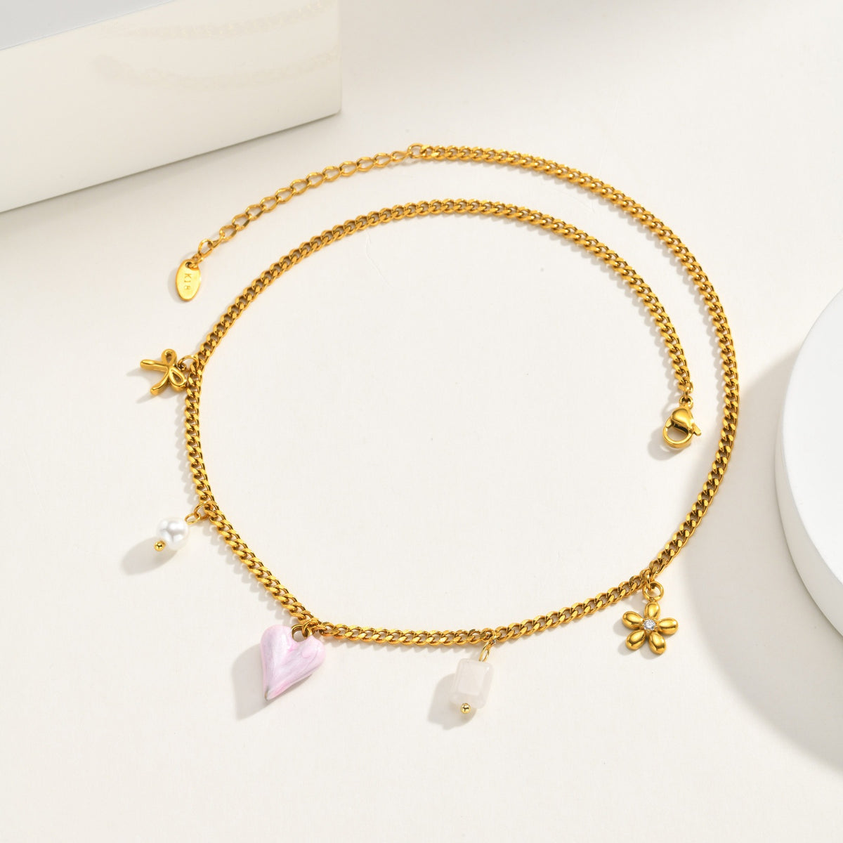 Stainless Steel Women's Heart-Shaped Imitation Pearl White Jade Natural Stone Bow Flower Necklace