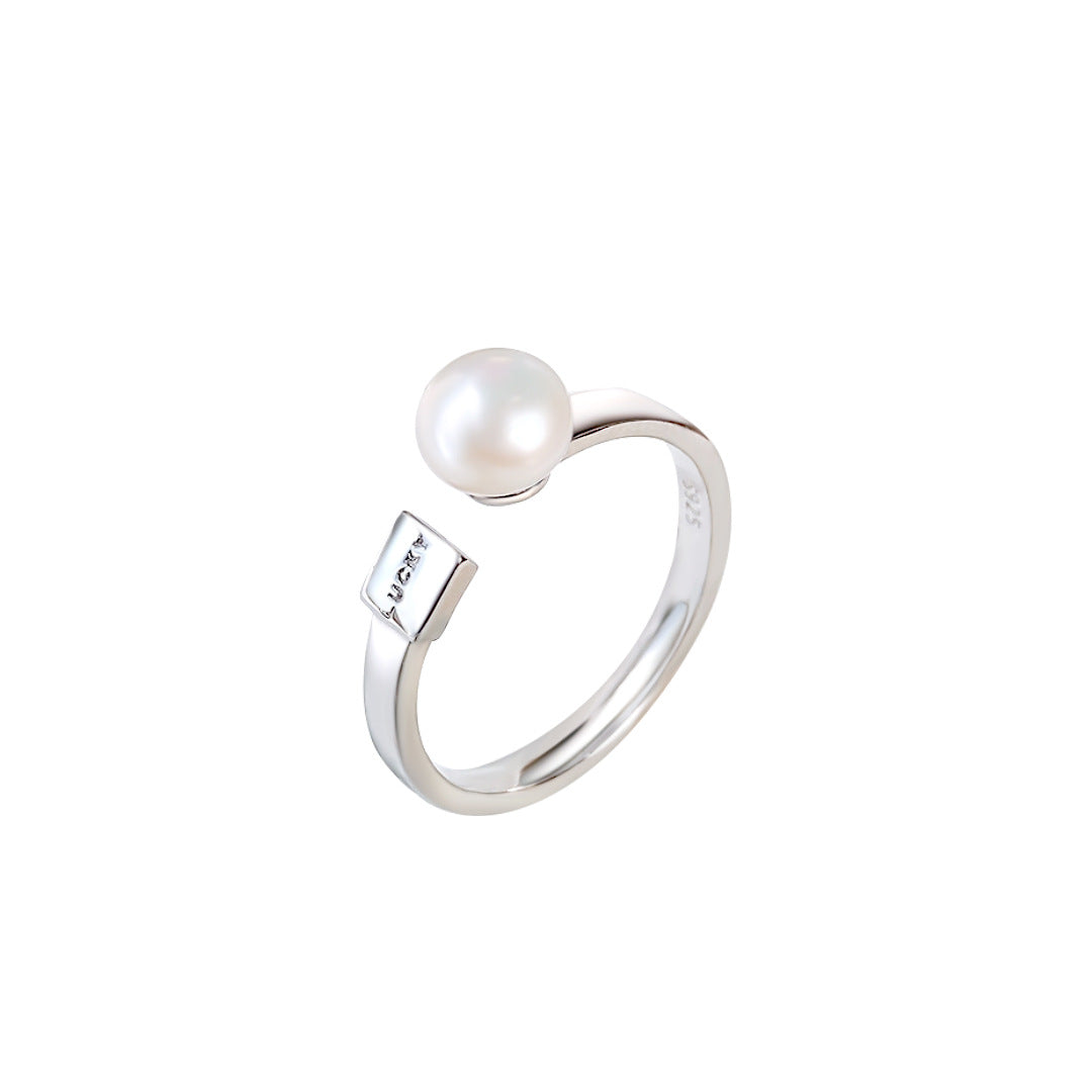 S925 Sterling Silver Freshwater Pearl Lucky Square Ring — Adjustable