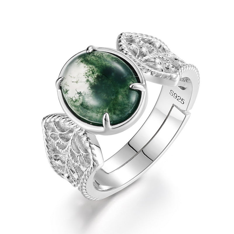 S925 Sterling Silver Moss Agate Adjustable Ring