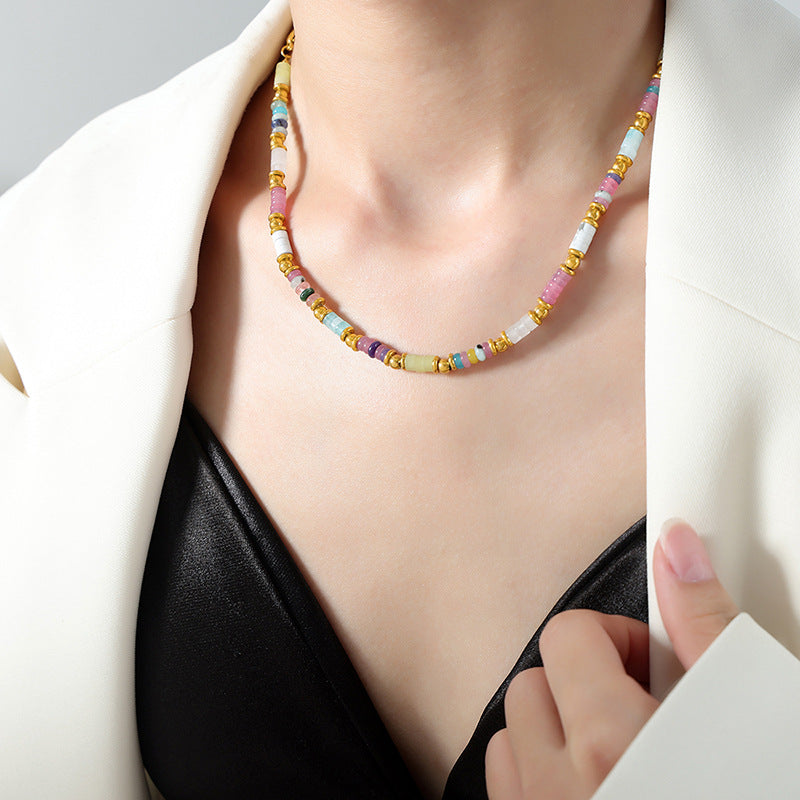 Handcrafted Boho Natural Stone Beaded Necklace with Mixed Colors