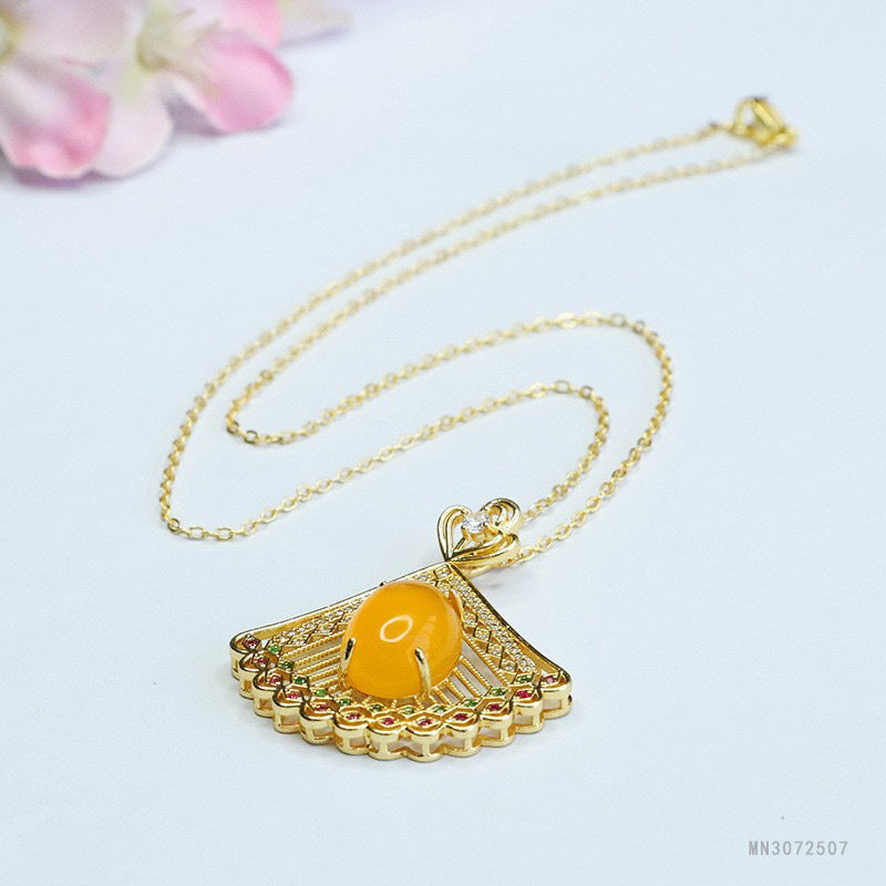 Yellow Chalcedony Peacock Pendant — No Chain