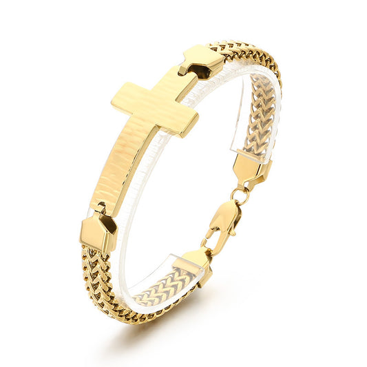 Double-Row Keel Chain Bracelet – Hammer Pattern Texture Bending Brand Cross – Stainless