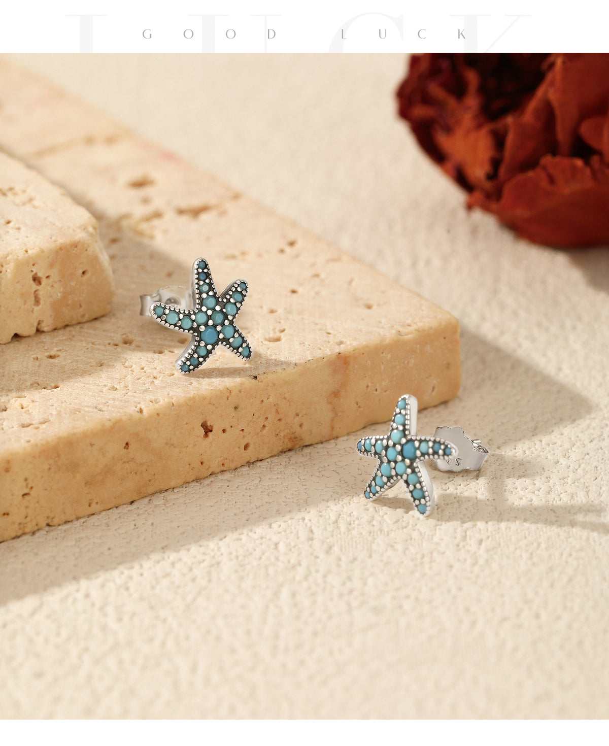 925 Sterling Silver Starfish Turquoise Stud Earrings