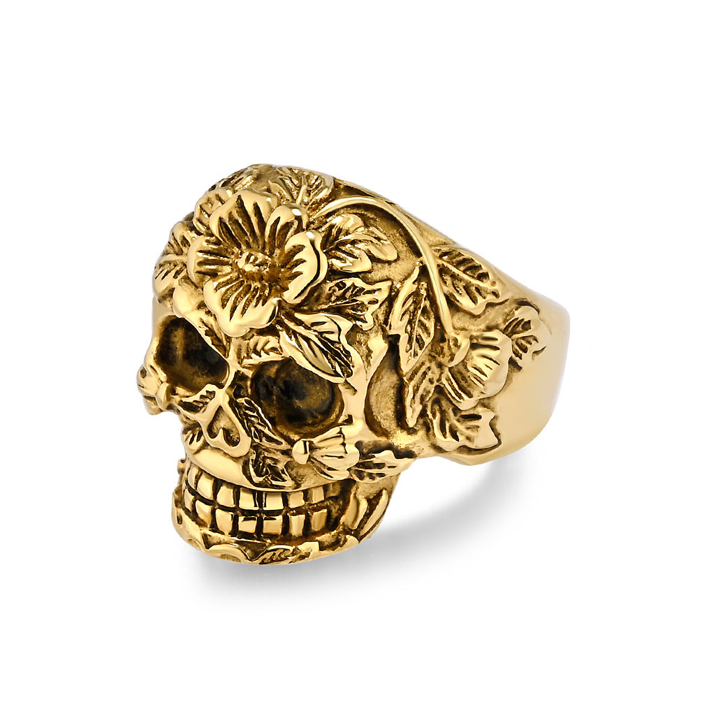 Flower Grass Skull Stainless Steel Ring Men's