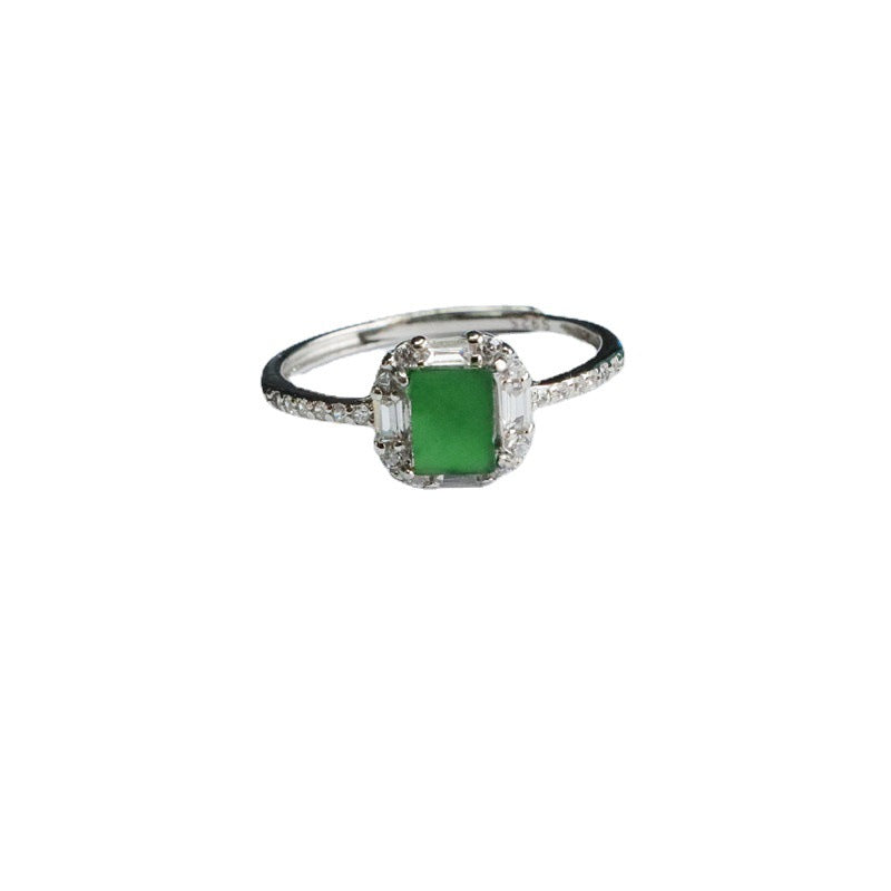Icy Green Jadeite Square Plaque 925 Silver Ring