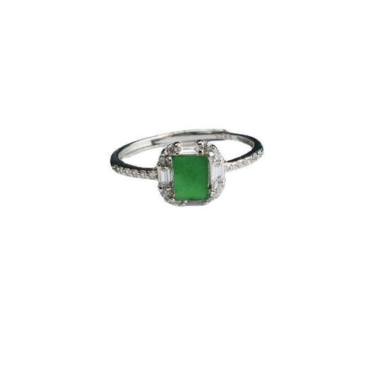 Icy Green Jadeite Square Plaque 925 Silver Ring