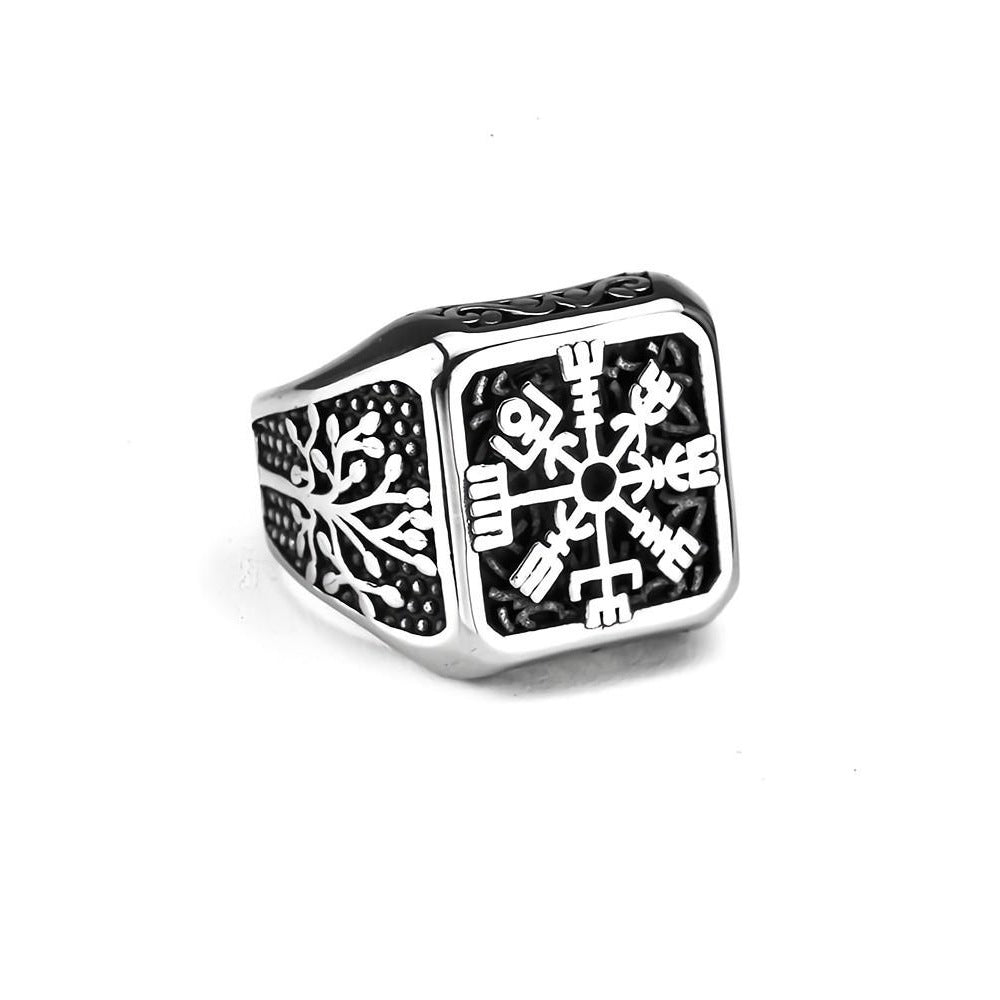 Nordic Vintage Stainless Steel Men's Ring Viking Tree of Life Compass Print