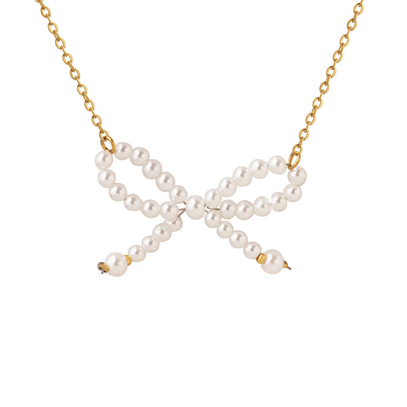 Pearl Bow Pendant Necklace with Gold Chain - Elegant Jewelry Accessory