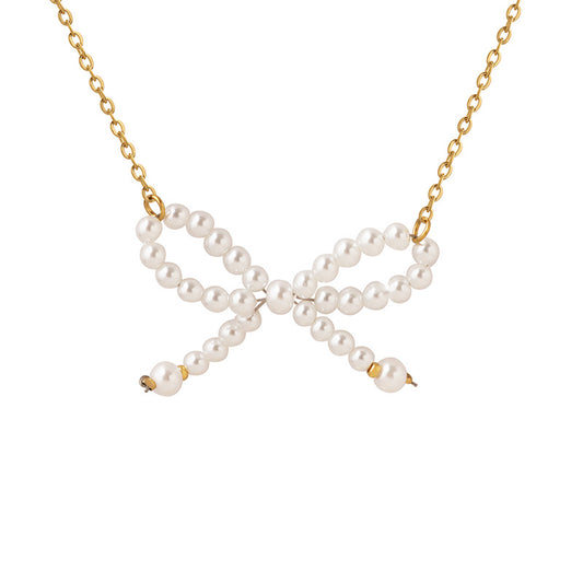 Pearl Bow Pendant Necklace with Gold Chain - Elegant Jewelry Accessory