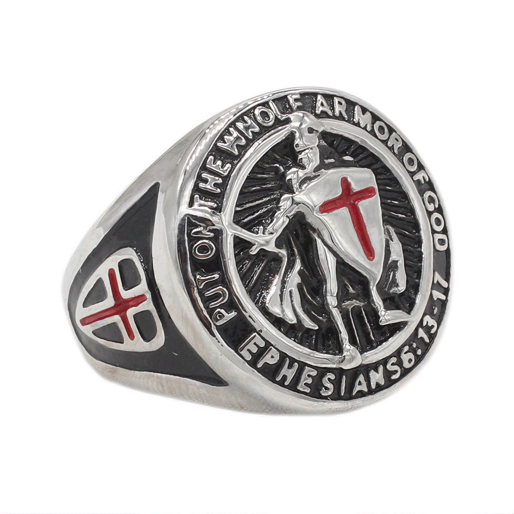 Planderful Titanium Steel Ring Knight Shield Cross Design For Men Unisex Statement Jewelry