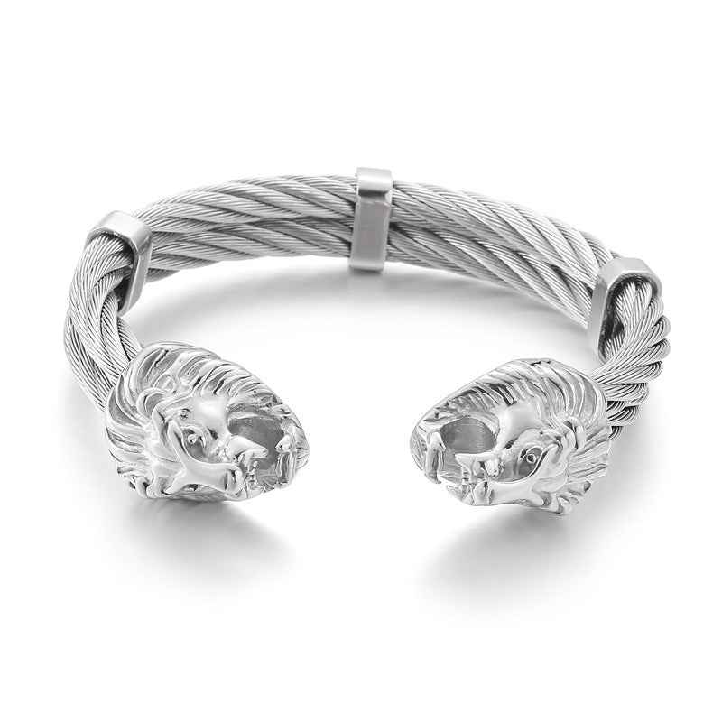 Punk Style Braided Wire – Lion Head Wolf Head Titanium Steel Men's Bracelet