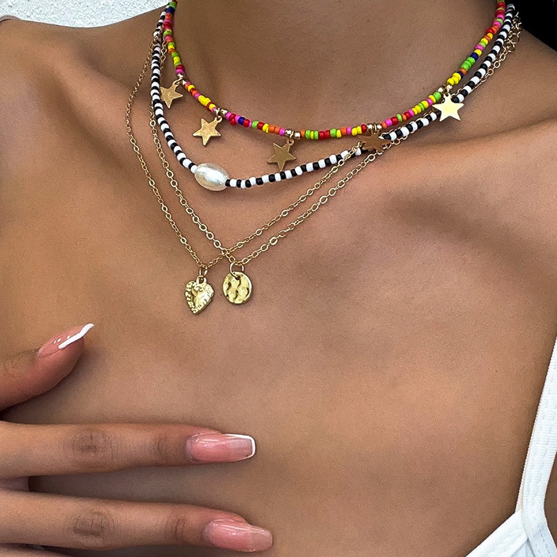 Planderful Vienna Verve Beaded Heart Necklace For Women Colorful Fringe Star Pendant Statement Jewelry