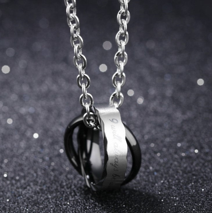 Stylish Interlocking Double Ring Pendant in Titanium Steel for Couples - Unique Fashion Statement for Him and Her