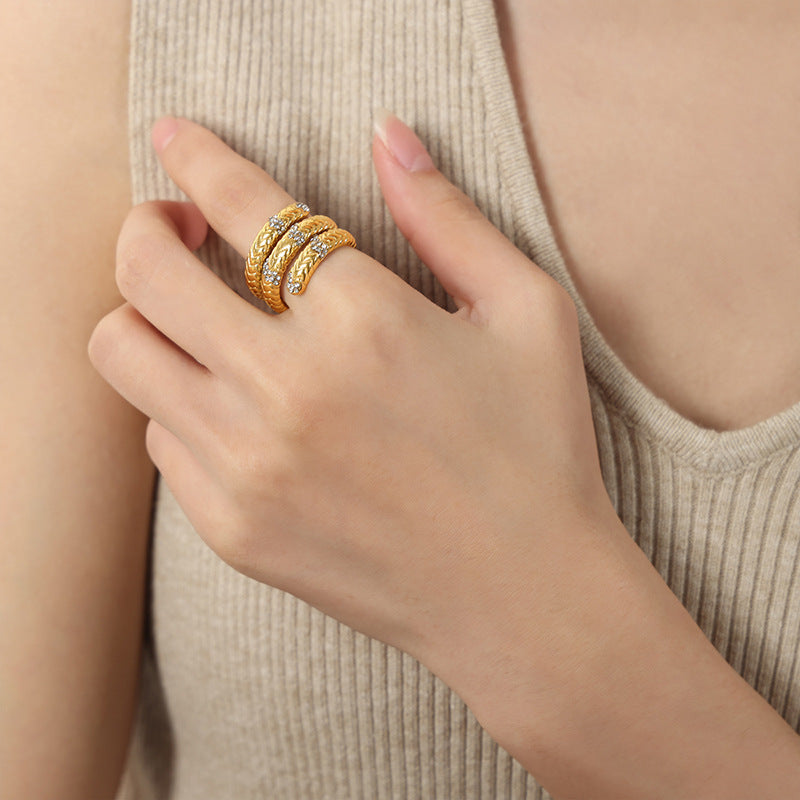 Luxury European-American Retro Style Gold-Plated Zircon Open Ring