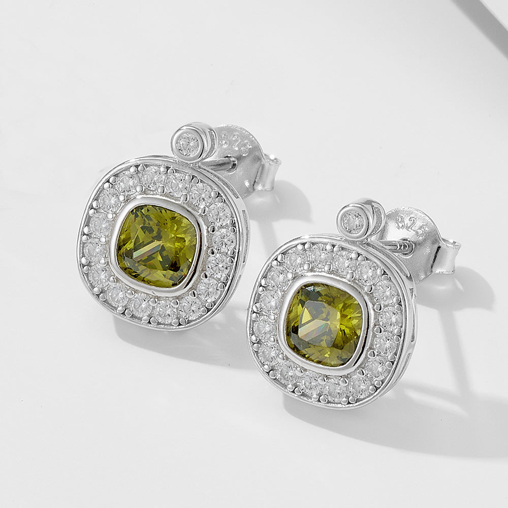 S925 Sterling Silver Retro Court Olive Green Zircon Stud Earrings Geometric Oval Inlaid