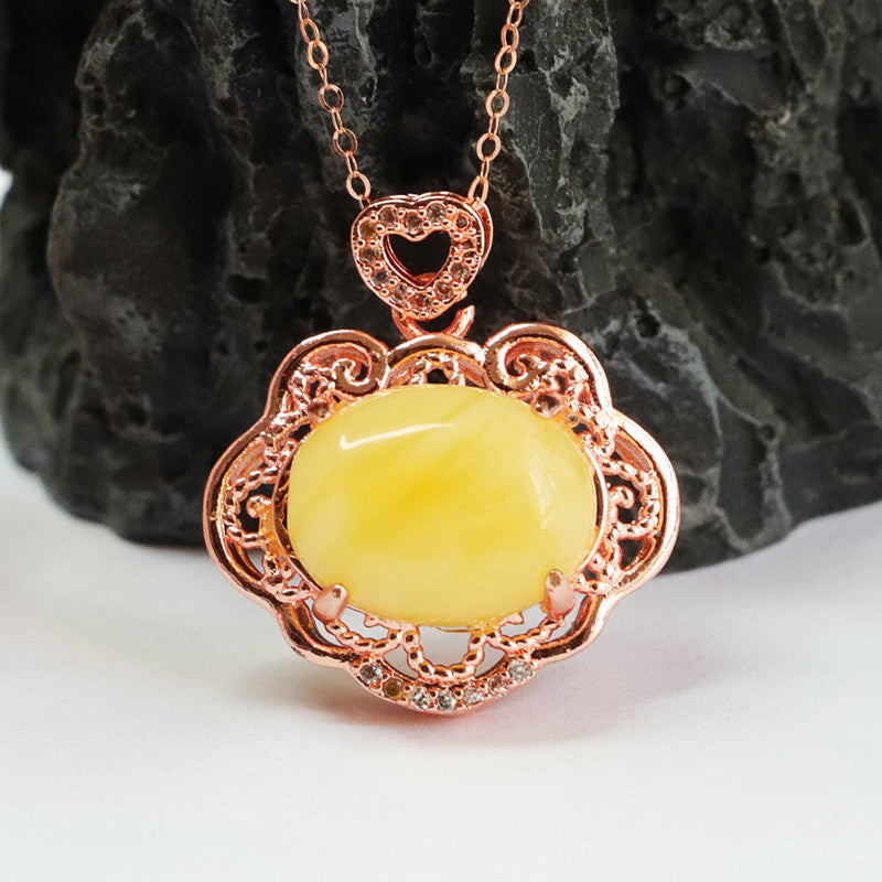 Ruyi Rose Gold Necklace with Sterling Silver Beeswax Amber Pendant