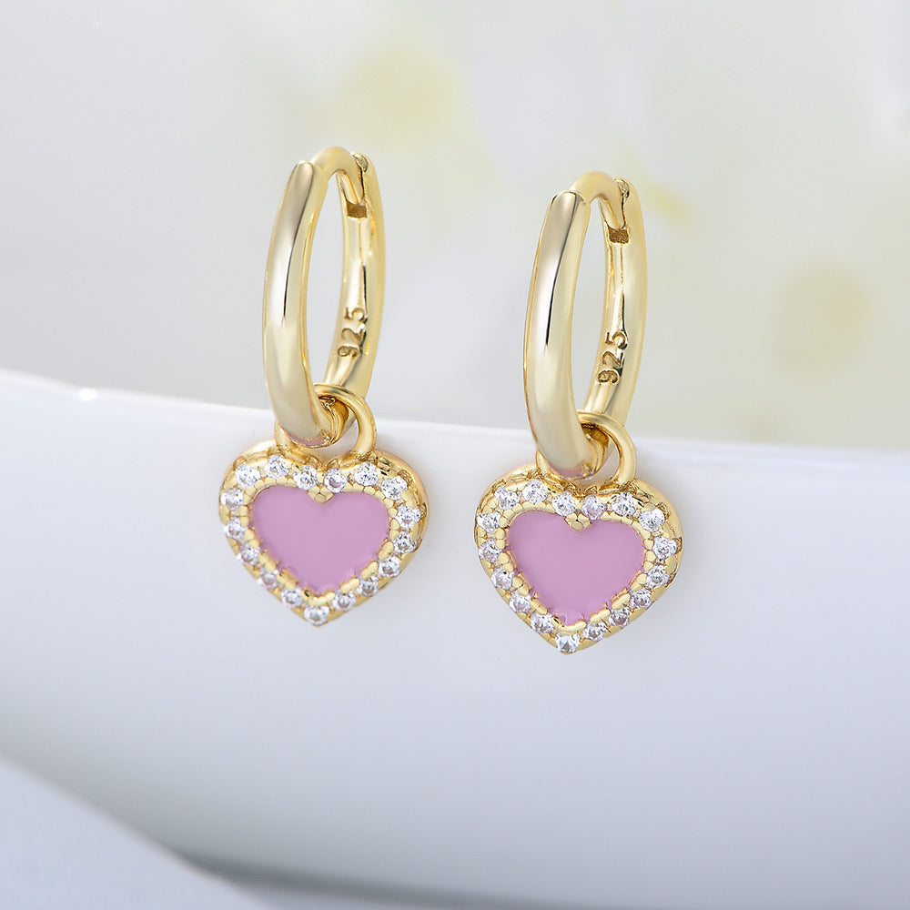 Small Personalized Zircon Earrings Jewelry 925 Sterling Silver Pink Oil Drop Heart Earrings