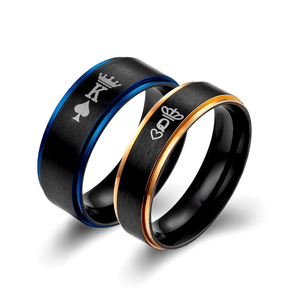 Two-Color Stainless Steel Vacuum Plating Laser Engraved Crown K Q Couple Ring