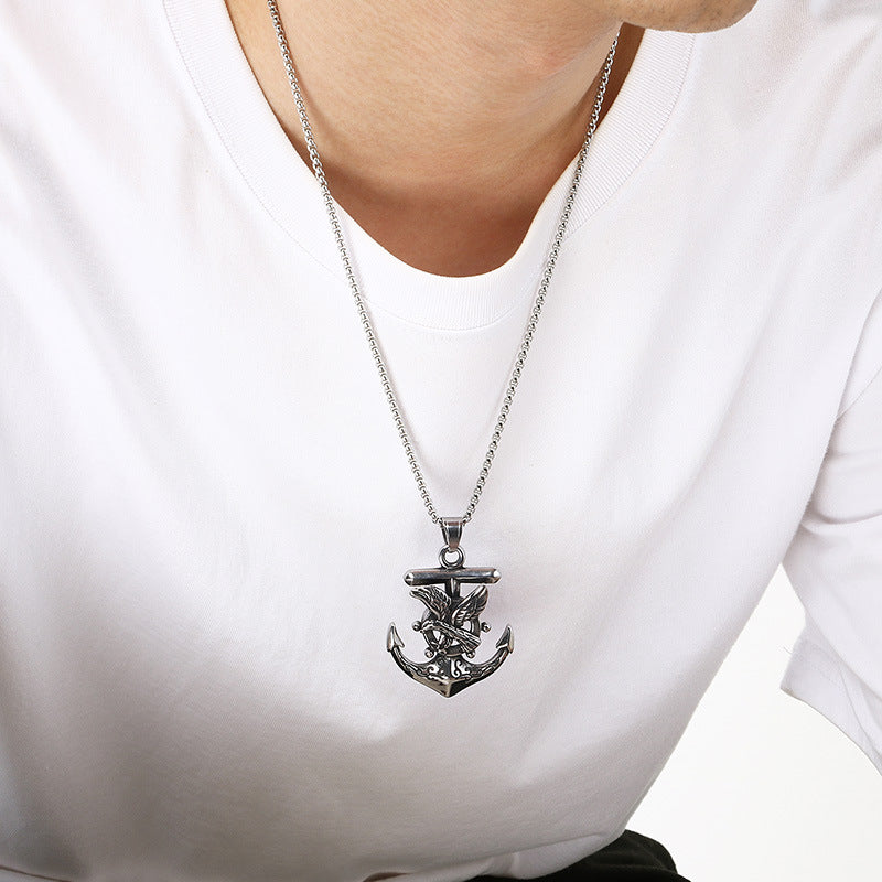 Dark Retro Nautical Rudder Pendant, Punk Retro Cross Skull Head Anchor Titanium Steel Necklace