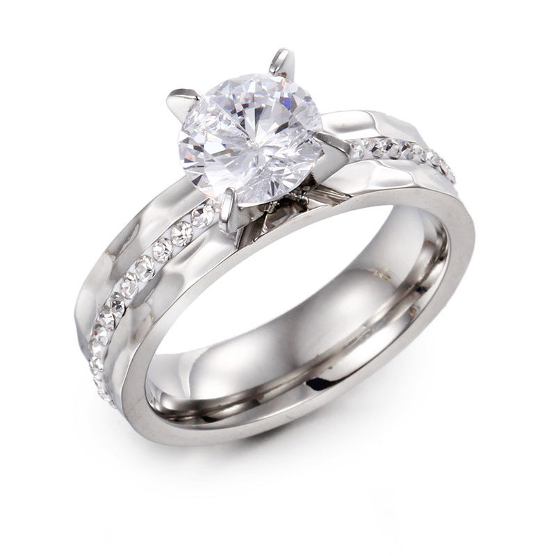 Hammer Texture Inlaid Zircon Titanium Steel Couple Ring, Stainless Steel Pair Ring Valentine's