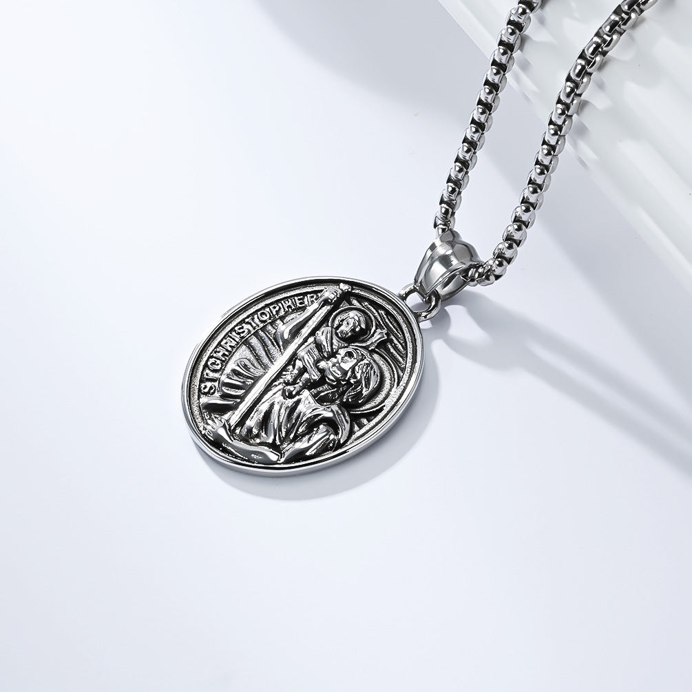 Planderful St Christopher Necklace For Men Titanium Steel Pendant Retro Literary Style Everyday Genie