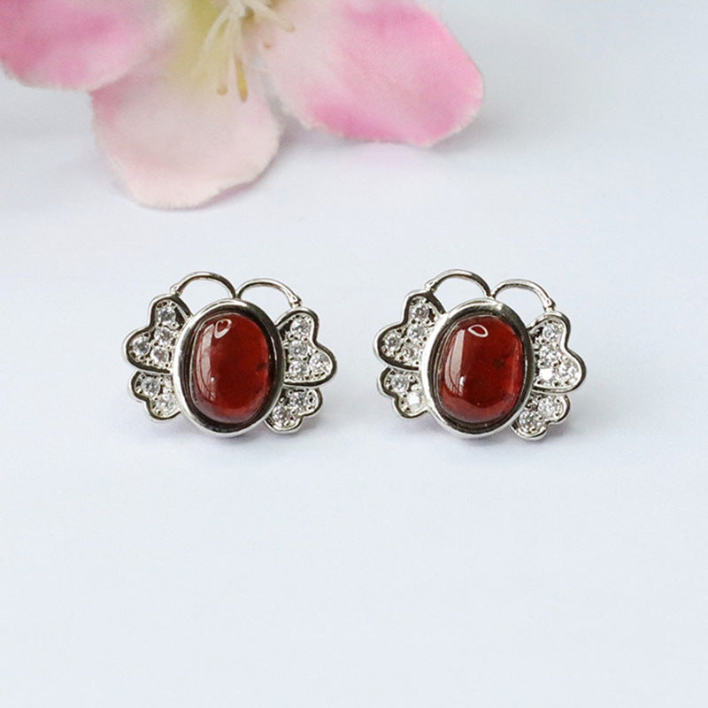Orange-Red Garnet Butterfly 925 Silver Stud Earrings