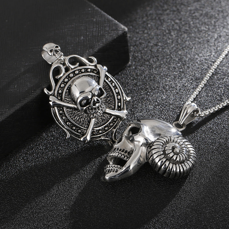 Men's Exaggerated Pirate Skull Pendant in Stainless Steel with Sheep Horn Design