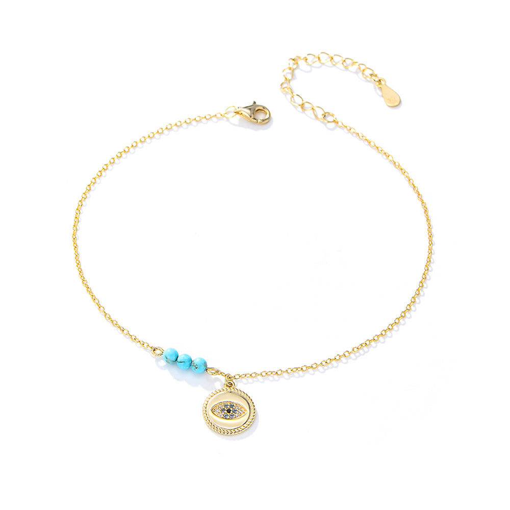 S925 Sterling Silver Devil's Eye Inlaid Zircon Turquoise Anklet Amazon Summer Beach Bracelet